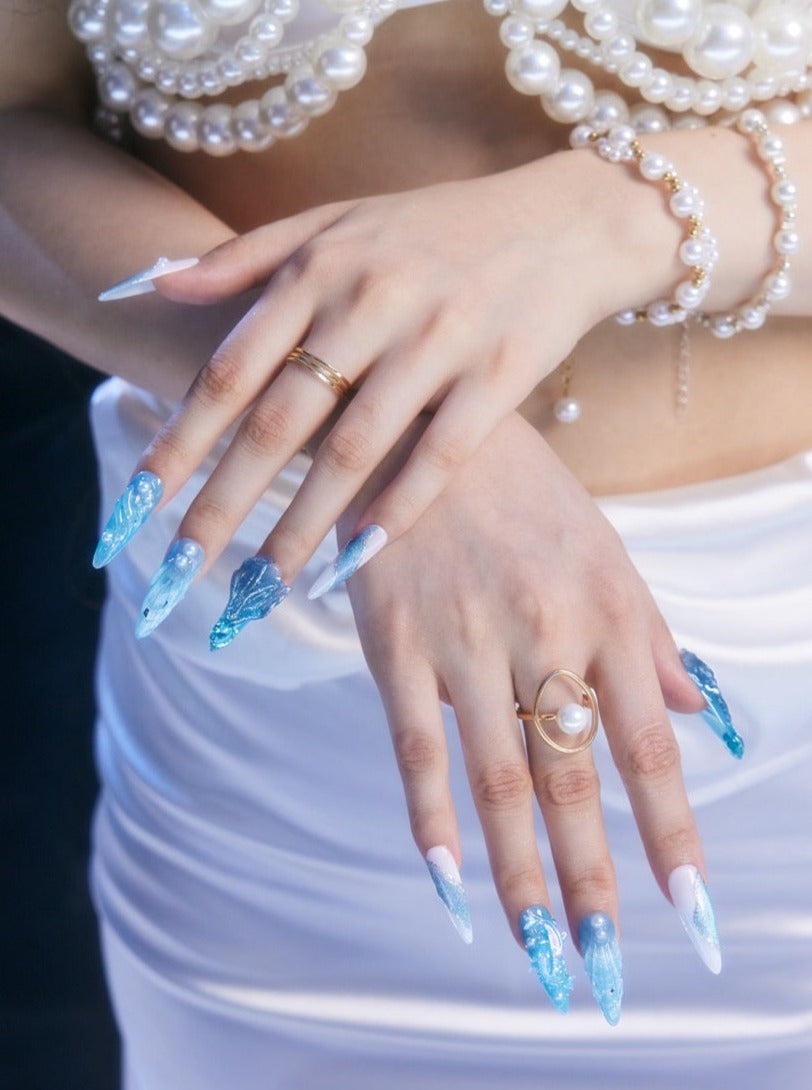 Aquamarine - Ersa Nails White Blue Long Oval PressOnNails