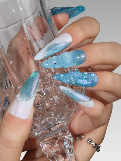 Aquamarine - Ersa Nails White Blue Long Oval PressOnNails