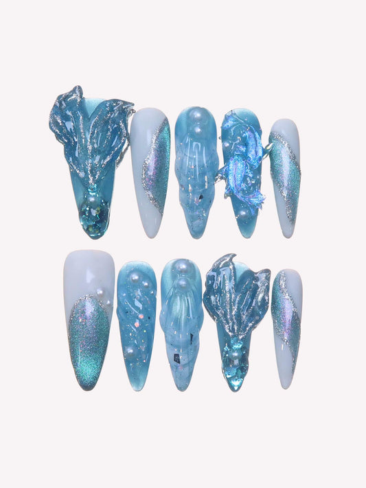 Aquamarine - Ersa Nails White Blue Long Oval PressOnNails