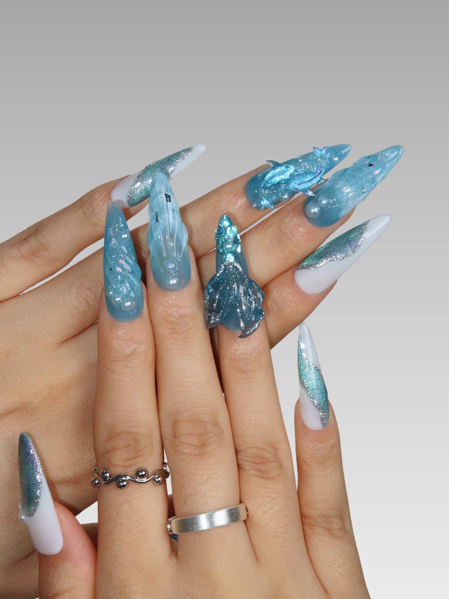 Aquamarine - Ersa Nails White Blue Long Oval PressOnNails