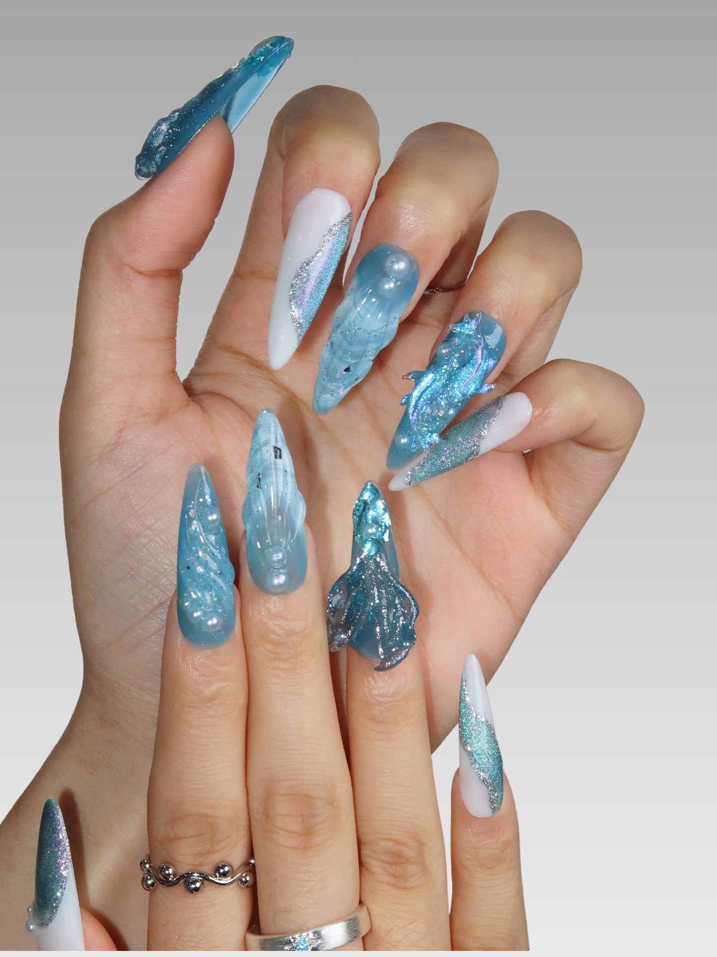 Aquamarine - Ersa Nails White Blue Long Oval PressOnNails